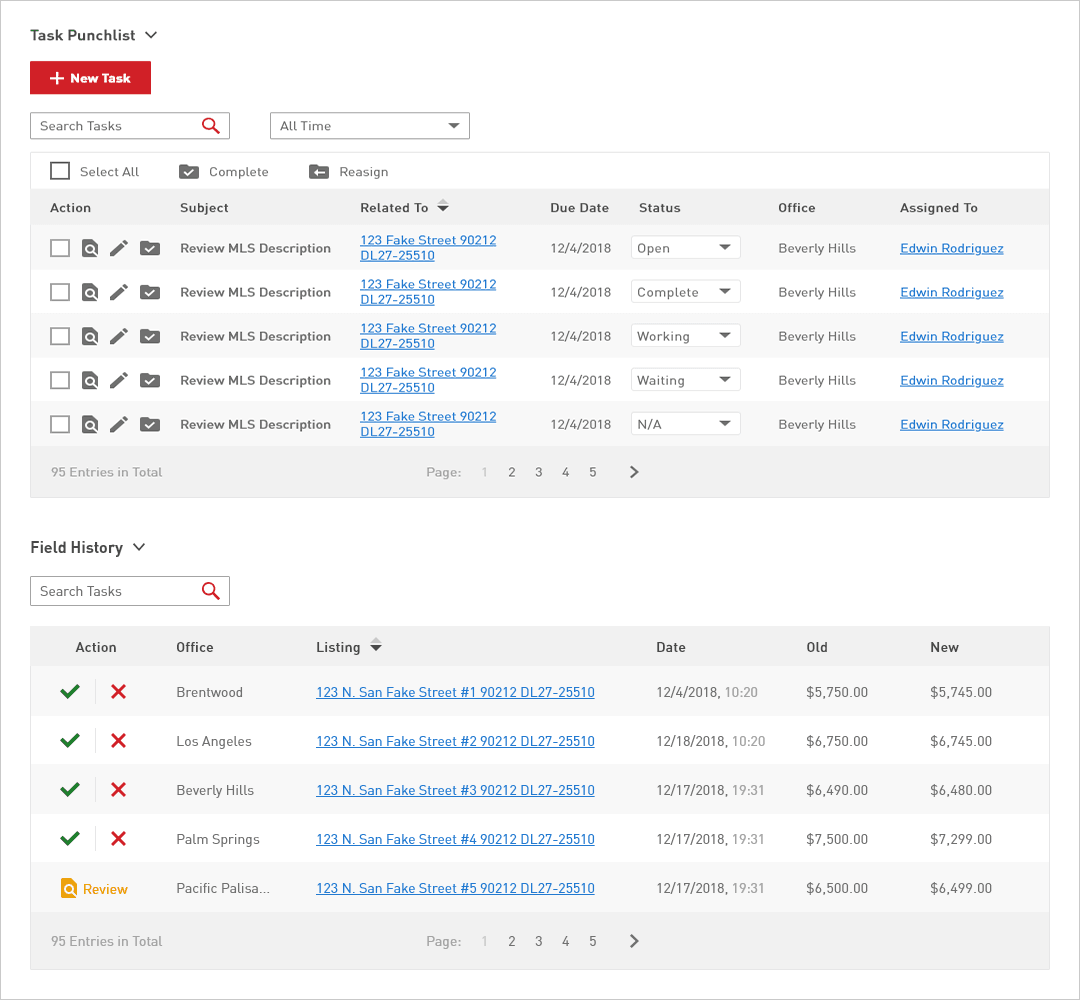 New table pattern — unified across screens, actions left-aligned, simplified pagination
