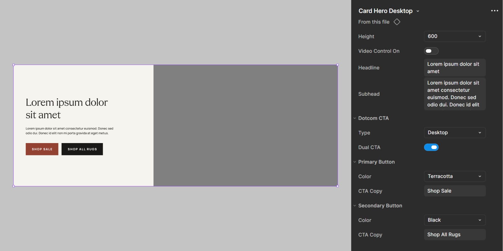 A component selected with its properties panel open, toggles and text properties exposed