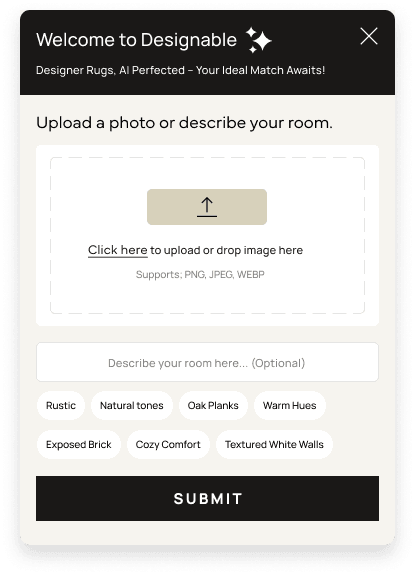 Designable v1 — launcher panel with photo, tag list, and optional description