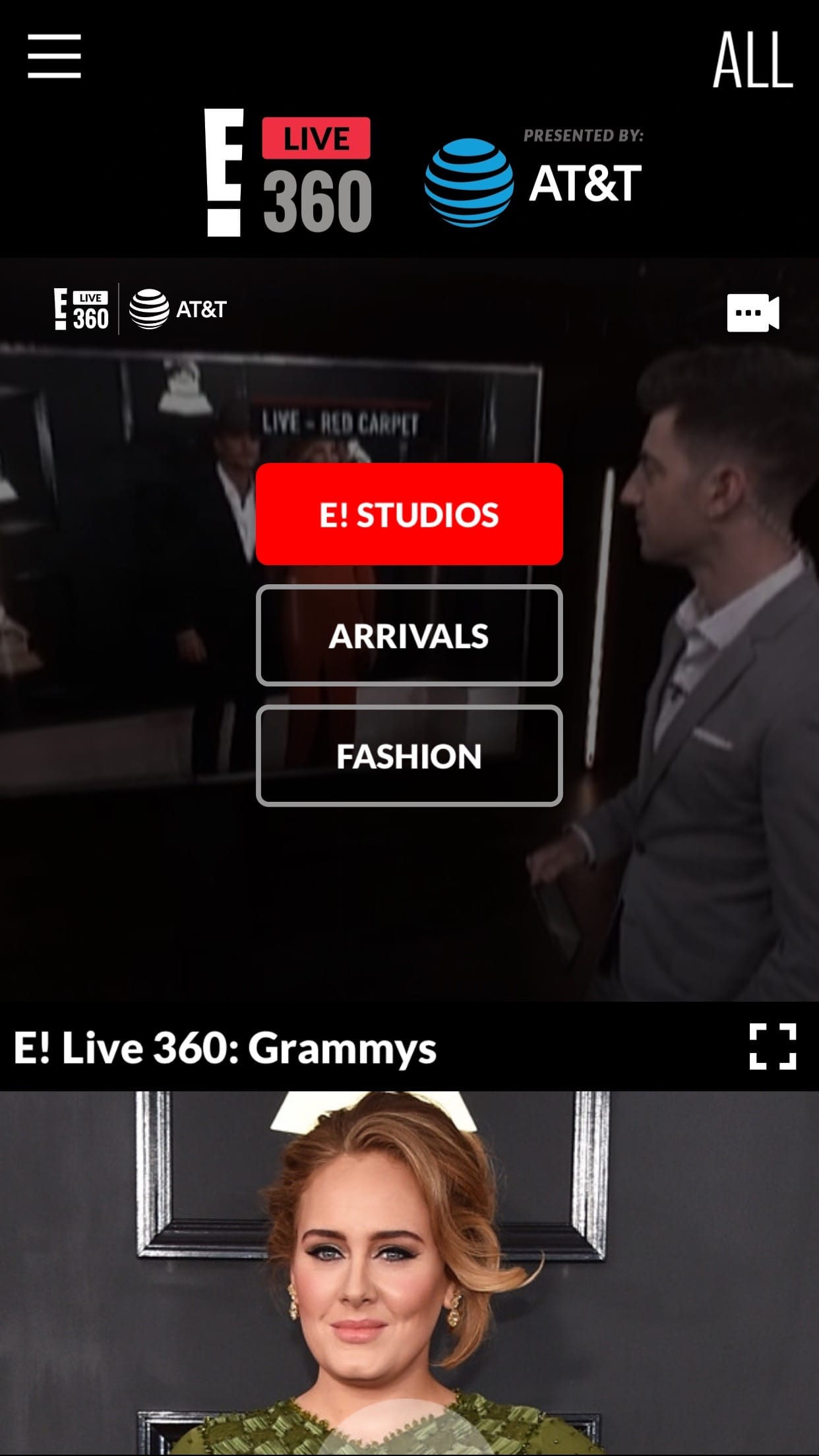 E! Live 360 running on iPhone in portrait during a live event