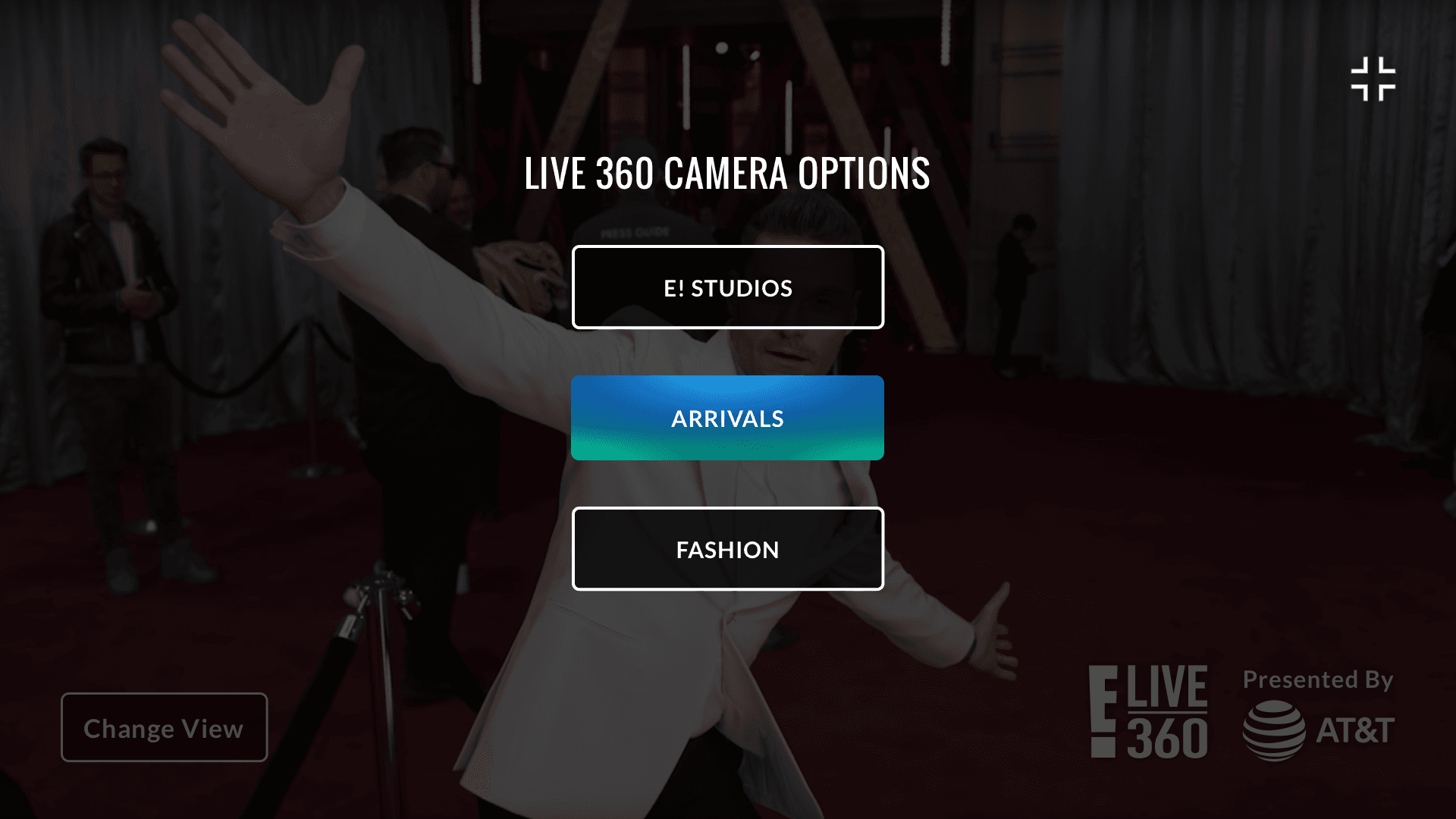 E! Live 360 · landscape player with camera-switcher overlay
