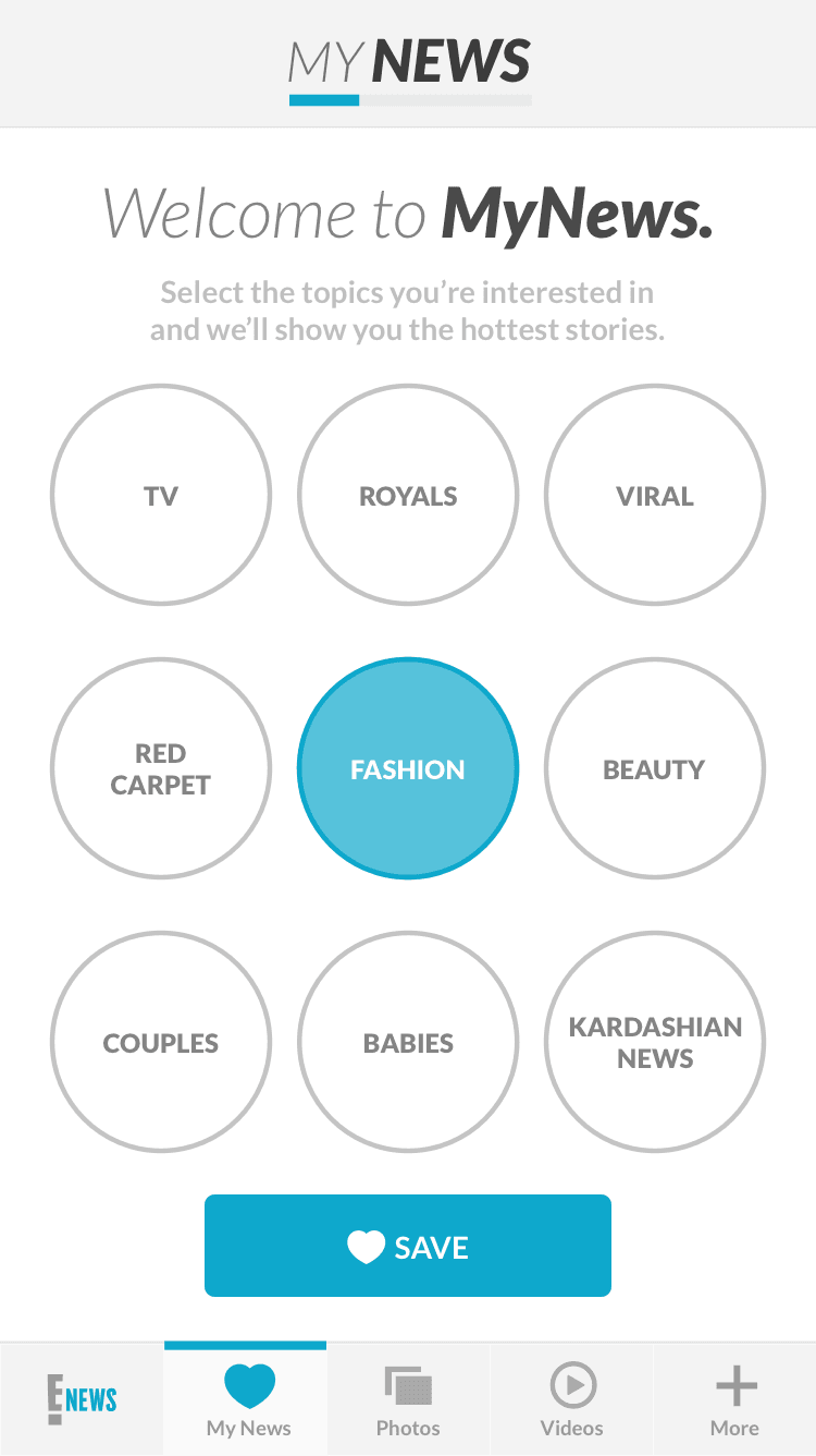 My News · first-use category selection