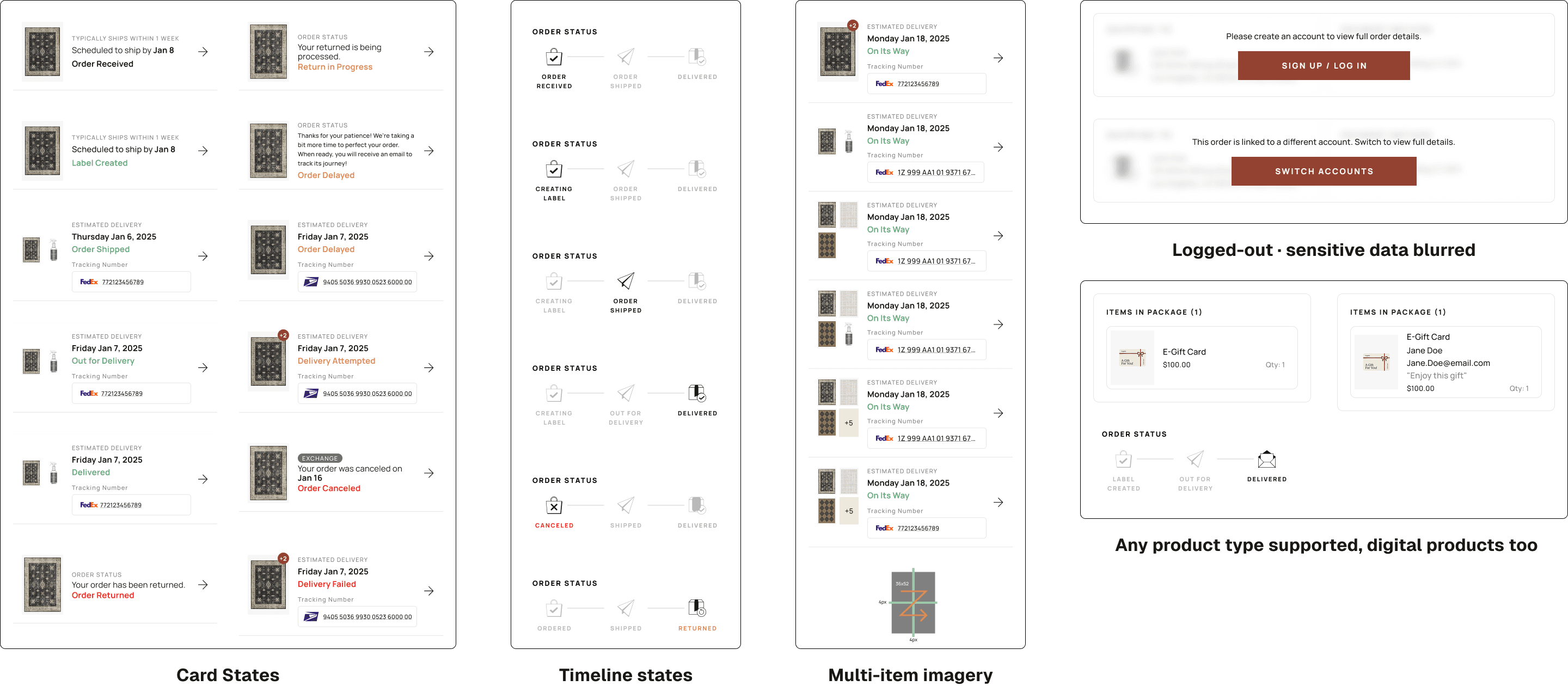 Card library — every card type grouped by purpose (card states, timeline states, multi-item imagery, logged-out, any product type)