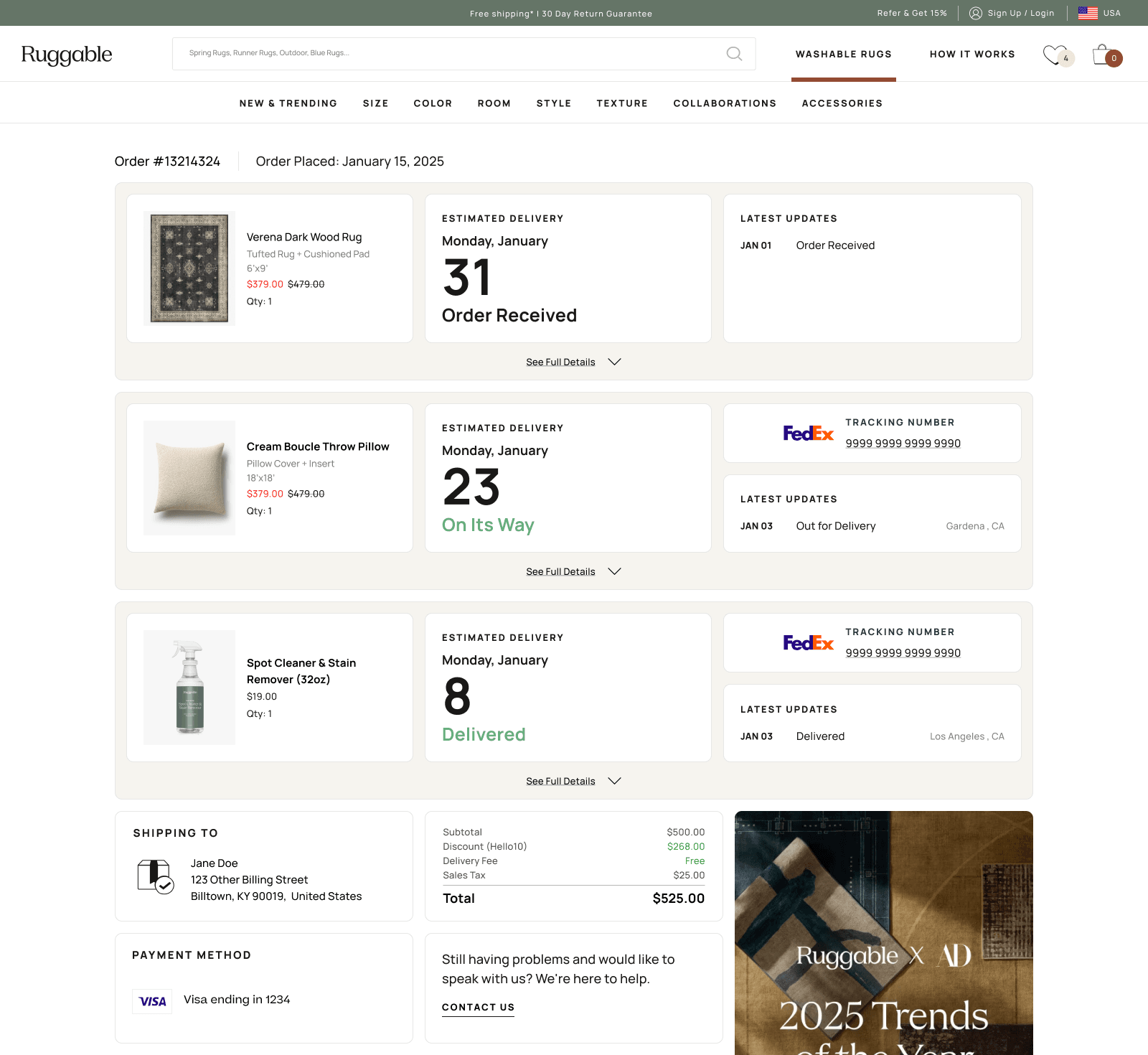 Desktop concept variant 3 — multi-item layout where each line item carries its own status and tracking