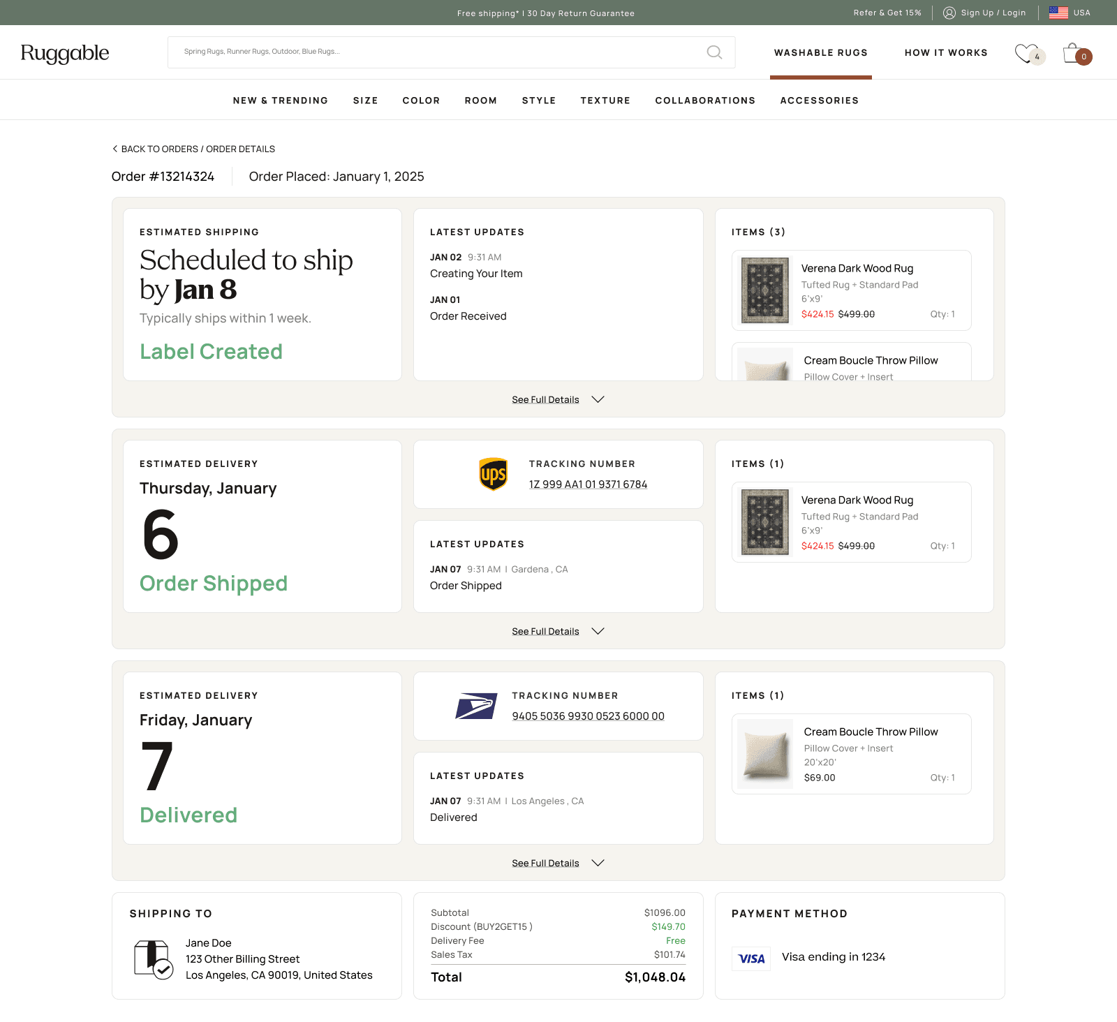 Redesigned order tracker showing one order split into multiple shipments, each stacked as its own expandable card with its own status