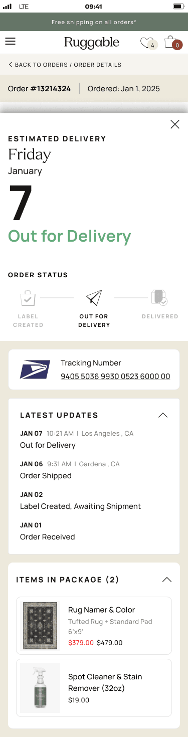Mobile · Out for Delivery with drawer expanded showing tracking, address, and order details