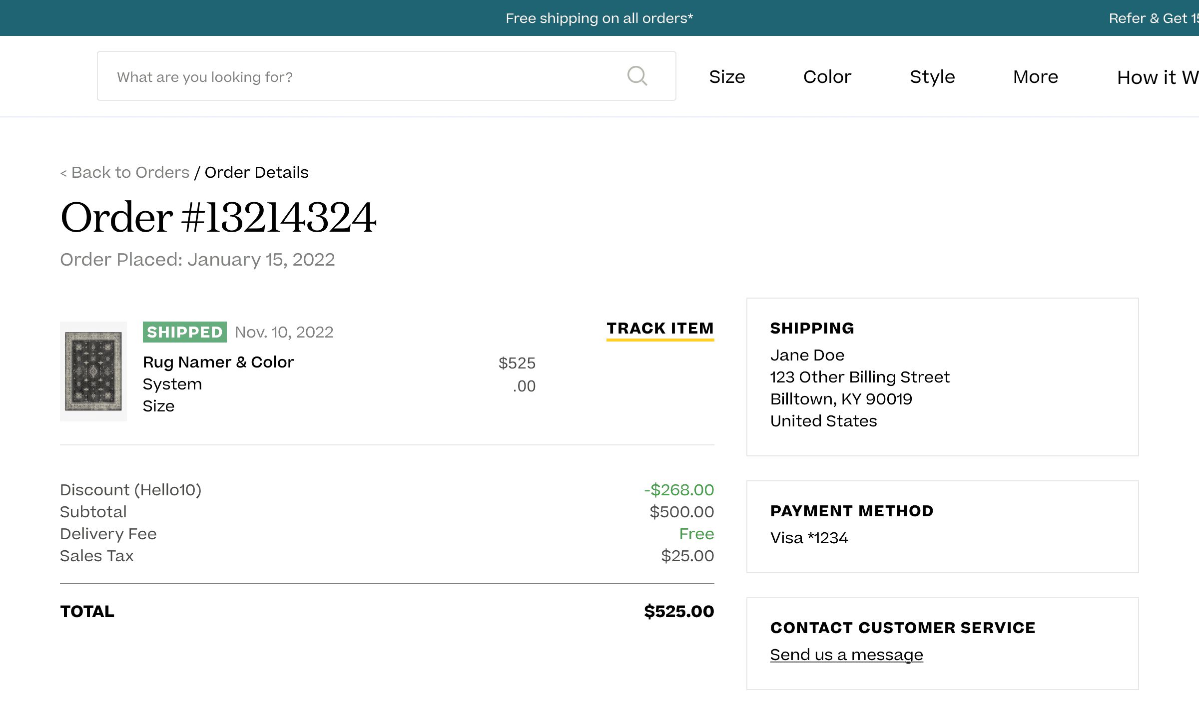 Old Order Details page — where customers landed