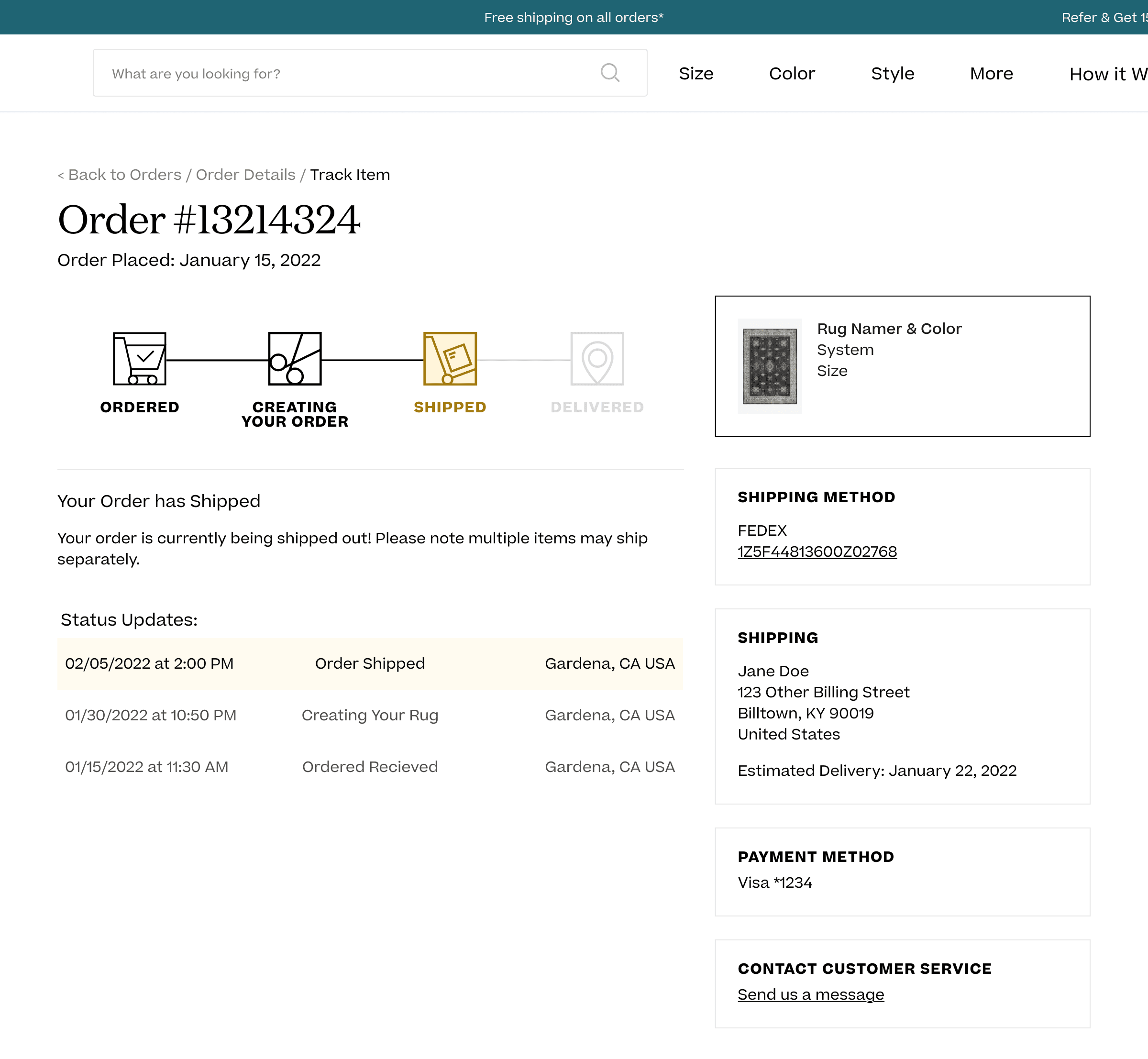 Old Order Status page — behind a Track Item click