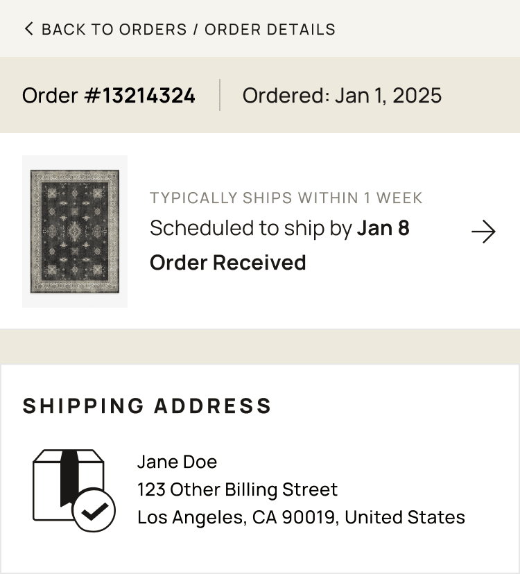 Order Received state — copy detail showing typical ship-by date and scheduled ship date