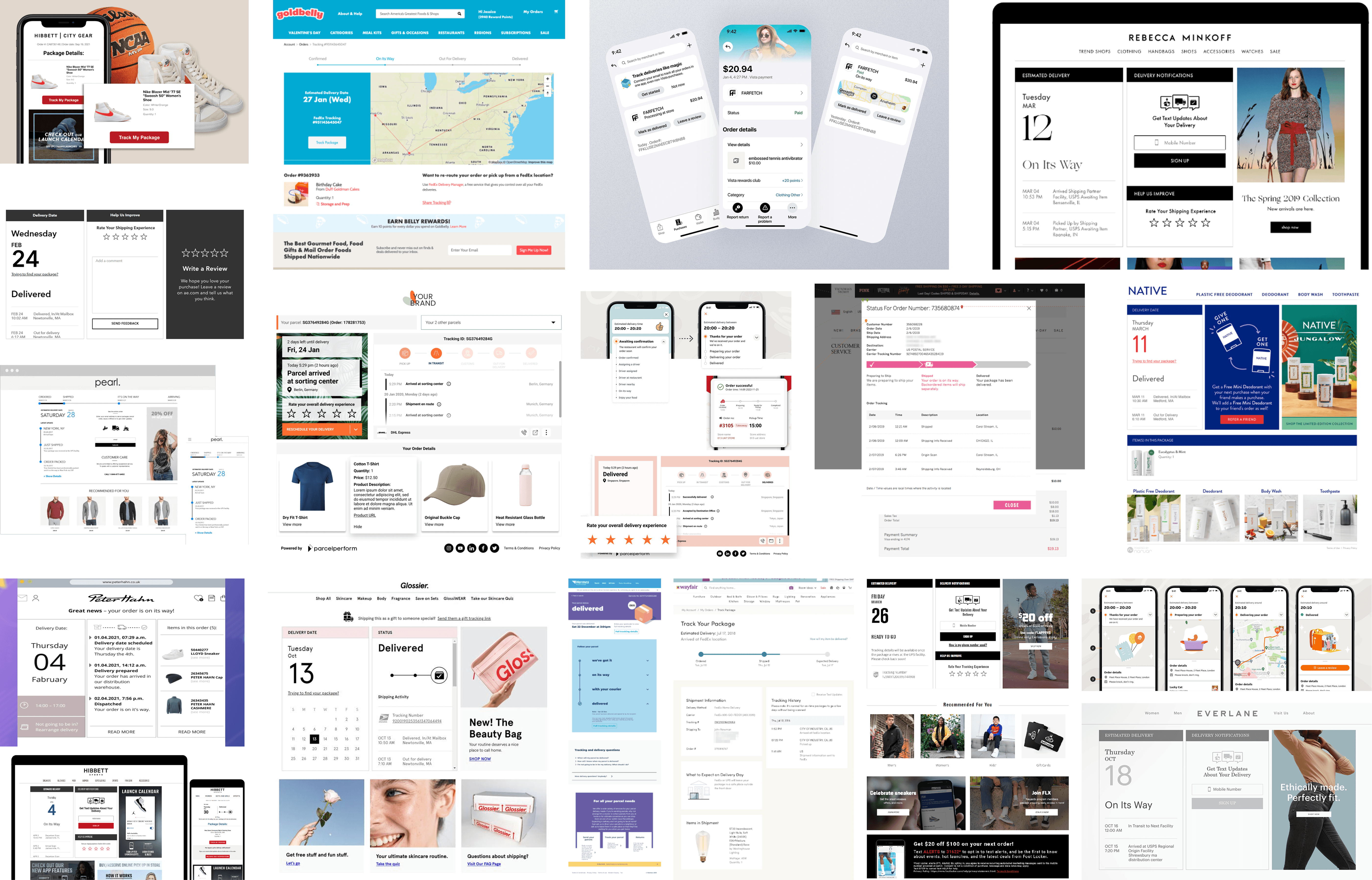 Reference board collage of post-purchase tracking patterns from various brands and apps