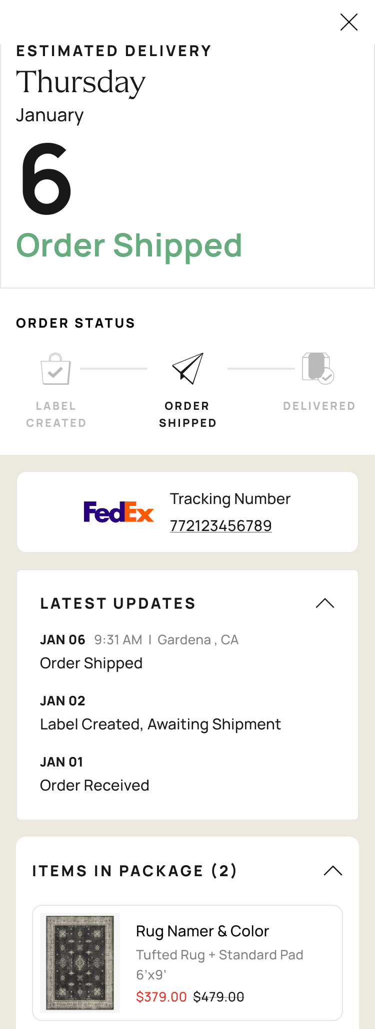 Order Tracker — mobile shipped widget