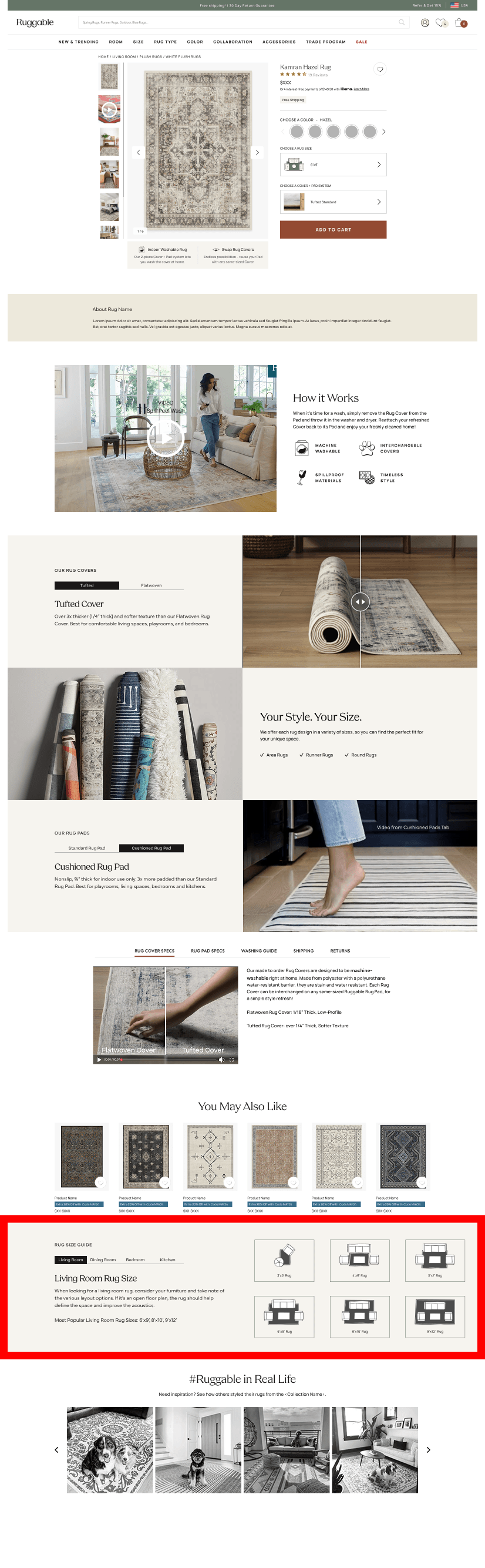 Original PDP, full scroll length, with the Room Size Guide near the bottom of the page