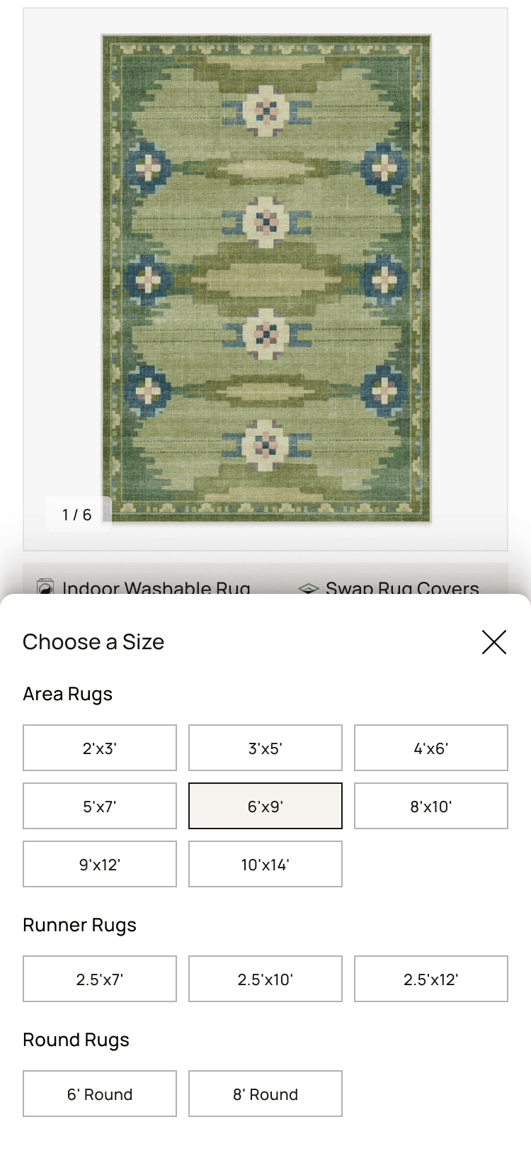 PDP size drawer, clean variant: dimensions listed as tappable rows