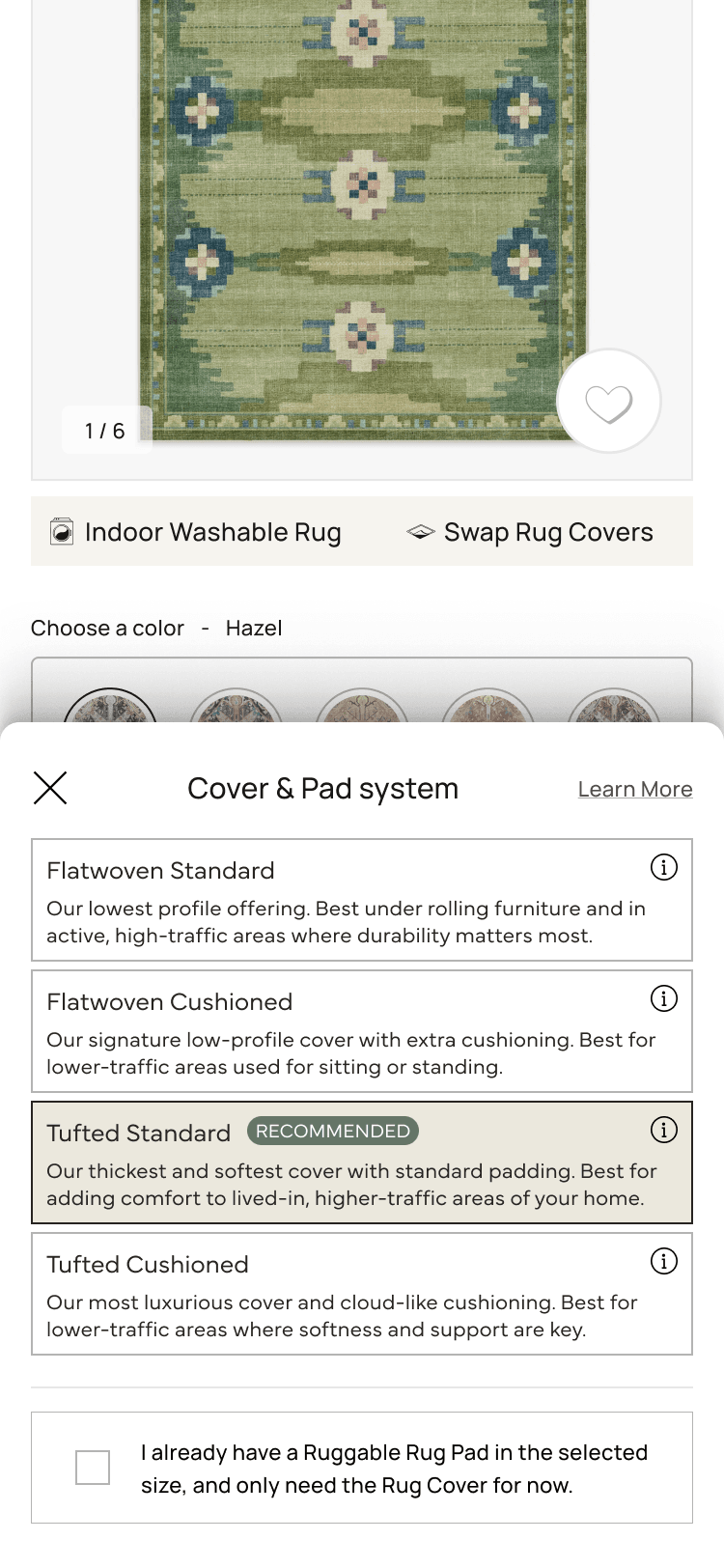 PDP system drawer, clean variant: four pad-system options as a list